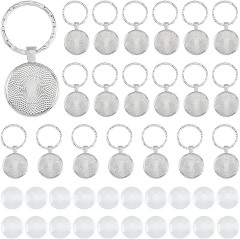 20 Sets Keychain Making Kit 25Mm/0.98" round Trays Platinum Alloy Cabochon Keych