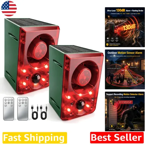 Solar Outdoor Motion Sensor Alarm 130db Loud Dog Bark Gunshot Sound 2pack