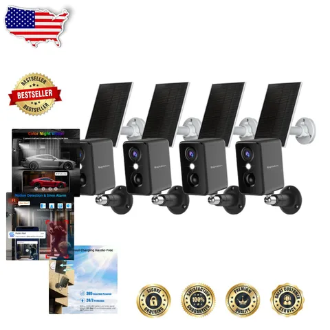 Outdoor 2K Security Cameras 4pk Wireless Solar Power, PIR Motion, Siren, Colo...