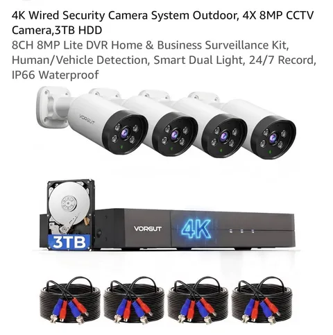 GNF-4K 8MP Wired Security Camera System 8CH DVR 4 Outdoor Cams 3TB HDD AI