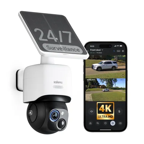 Safemo 4K Solar Security Cameras Wireless Outdoor, AOV Dual View 360° Pan & T...