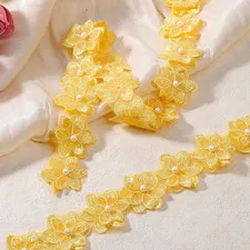 2 Yards 3D Yellow Flower Lace Trim Ribbon, Organza Flower Trim Lace Edge Trims R