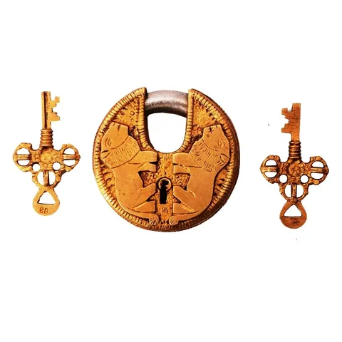 Antique Handcrafted Brass Lion Design Round Padlock with Working Keys
