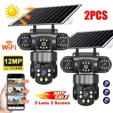 3 Lens 12MP Solar Battery Home Security Camera Outdoor Wifi Wireless PTZ CCTV US
