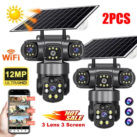 3 Lens 12MP Solar Battery Home Security Camera Outdoor Wifi Wireless PTZ CCTV US