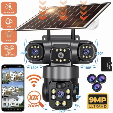 4K WiFi Outdoor Solar Powered Security Camera, 3 Lens, with 64G MMC