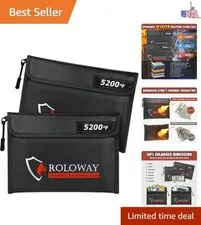 Sleek Black Fireproof Money Bag 2-Pack - 5200℉ Heat Resistance, Zipper Closure