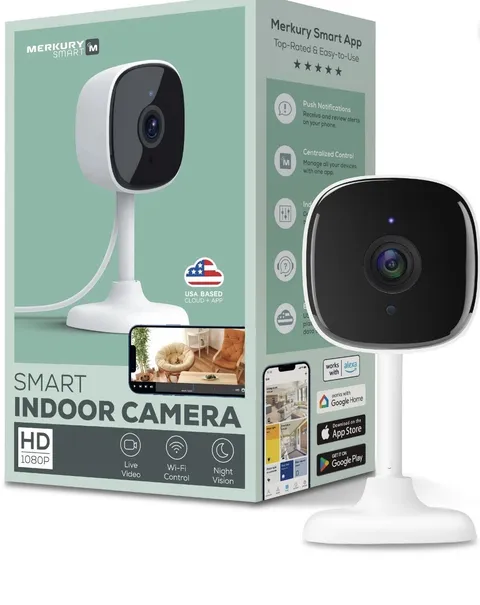 Merkury Smart Indoor Camera 1080p-Wi-Fi Security Cam With Night Vision, White