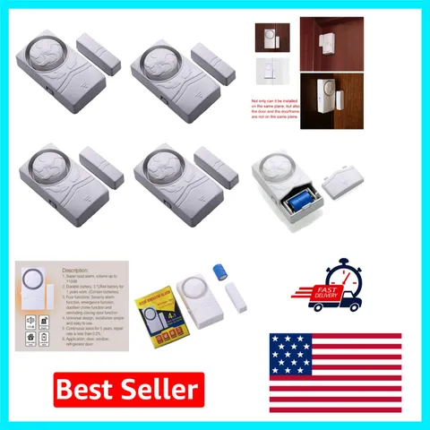 Child Safety Magnetic Sensor Alarms - 110dB Smart Door & Window Alarms 4-Pack