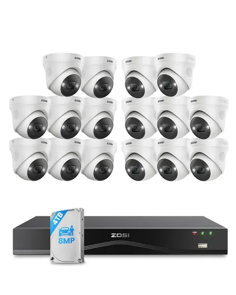 ZOSI 16 Channel 4K PoE Security Camera System, 16x 4K-32CH+16Cam+4TB, White