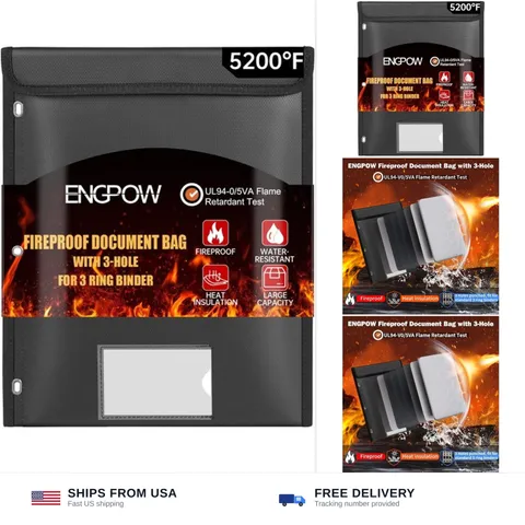 ENGPOW Fireproof Pocket for 3 Ring Binder, Document Bag Pouch with 3-Hole | H...
