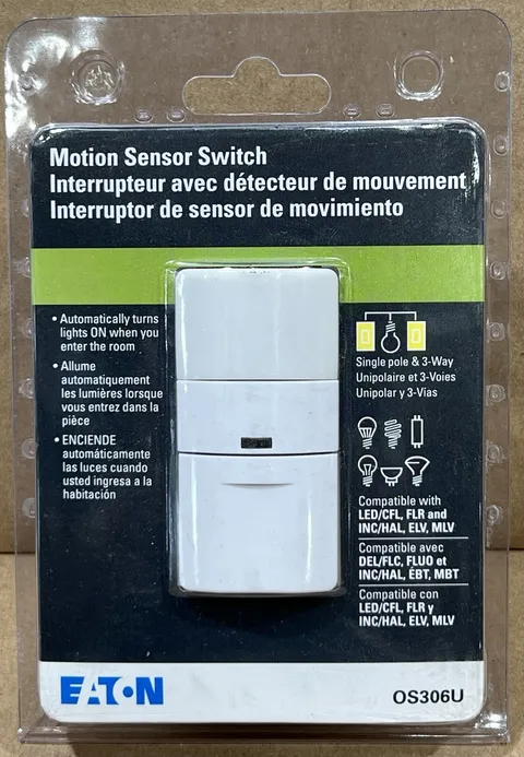 Eaton OS306U Motion Sensor Switch Single Pole & 3-Way White Led Halogen New