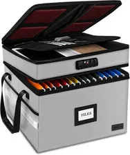 Fireproof Document Box with Lock, 2-Layer File Box Storage Organizer with 5 Tabs