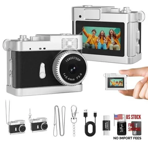 Mini Keychain Camera, 2MP Mini Digital Camera with Built-in Flash & Retro Black