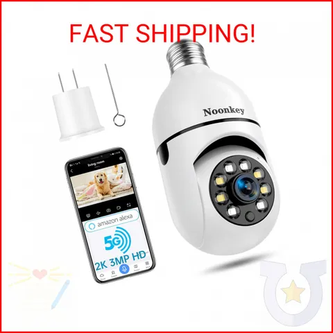 Noonkey 2K/3MP Light Bulb Security Camera, 5G& 2.4GHz WiFi Alexa E27 360° Light