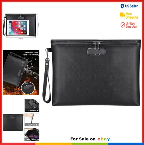 Fireproof Document Bag with Lock Waterproof Money Pouch 14.3x10.2 Inch A4 Size