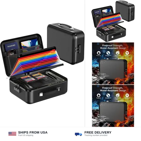 Fireproof Document Box with Lock, Waterproof Hard Shell File Organizer with A...