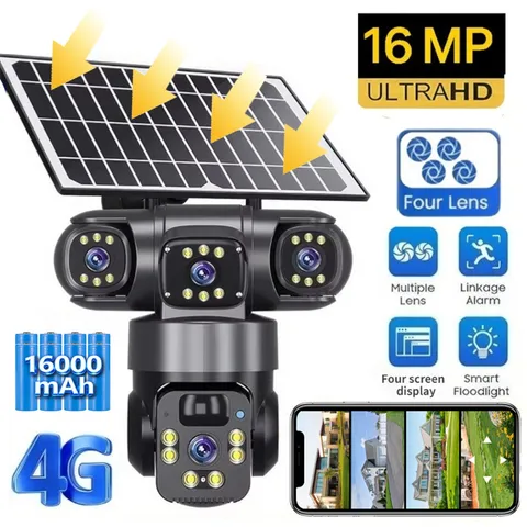 NEW 4G SIM 16MP 4 Lens Solar Battery Home Security Camera Outdoor Pan/Tilt CCTV