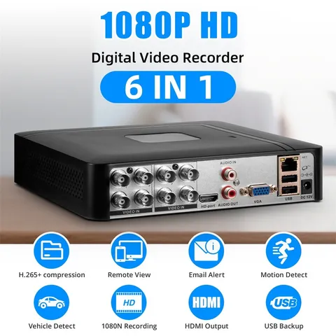 8CH 6-in-1 DVR Recorder, Remote Access Security Surveillance Kit for Home Office