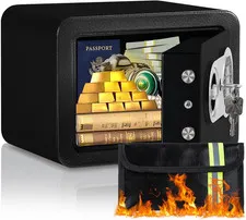 0.23 Cubic Feet Safe Box, Small Safe W/Fireproof Bag, Keys & Pass Code, Digital