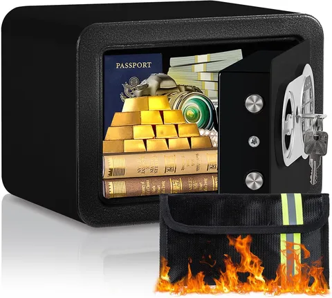 0.23 Cubic Feet Safe Box, Small Safe W/Fireproof Bag, Keys & Pass Code, Digital
