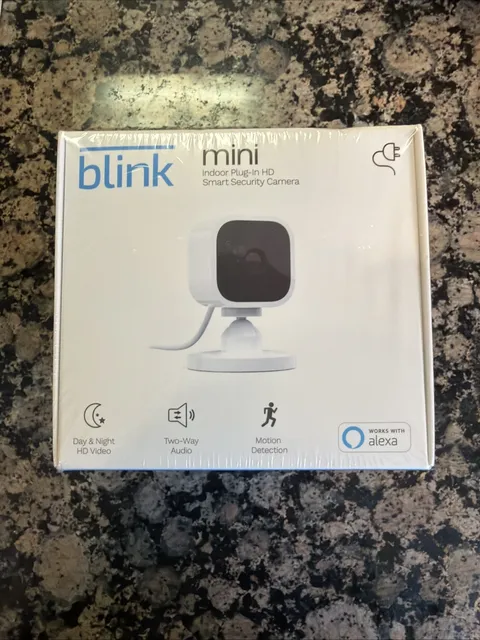 Blink Mini Compact indoor plug-in smart security camera 1080p HD, New/Sealed