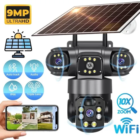 Solar Security Camera Triple Lens 9MP Outdoor Wireless w/ Pan Tilt Motion Alerts