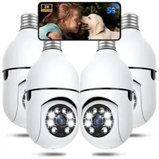 Wireless Light Bulb Security Camera 2K, 360° PTZ, AI Detection, Night Vision, 4-