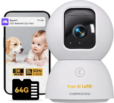 5G Indoor Camera, 3K Pet/Dog Camera with Phone App/Speaker, 64GB SD Card Include