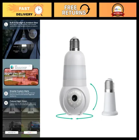Wireless Security Camera Light Bulb, 360° Pan Tilt, Color Night Vision, Wi-Fi, I