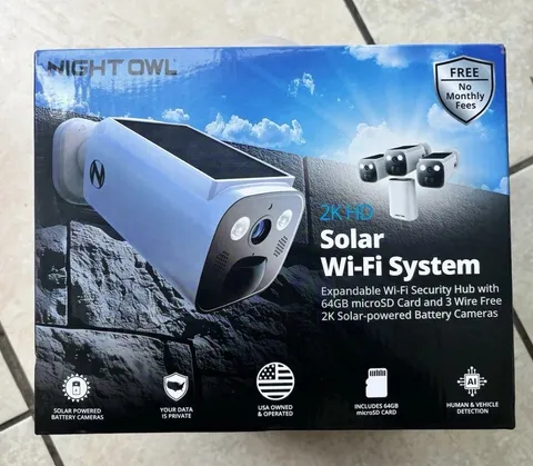Night Owl 2K Solar Wi‑Fi Security Hub System, 3 Cameras, Human/Vehicle, 64GB