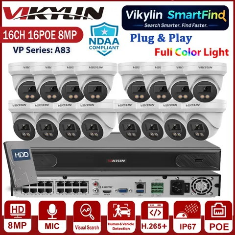 Vikylin Smartfind 16CH 16CH NVR Full Color 4K 8MP POE Security Camera System Lot