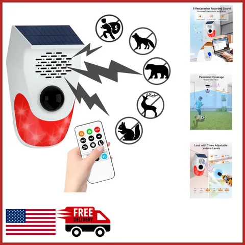 Solar Motion Sensor Alarm with Custom Voice Upload for Deer Bear Deterrent