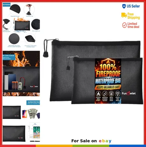 Fireproof Waterproof Money Document Bag 2 Pack Black Fire Resistant Safe Pouch