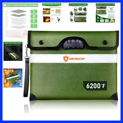 Upgraded 6200°F Fireproof Document Bag with Lock, Fire proof Money Bag for Ca...