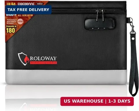 ROLOWAY Fireproof Money Bag with Lock for Cash, 6400°F Fire Proof Document Bag (