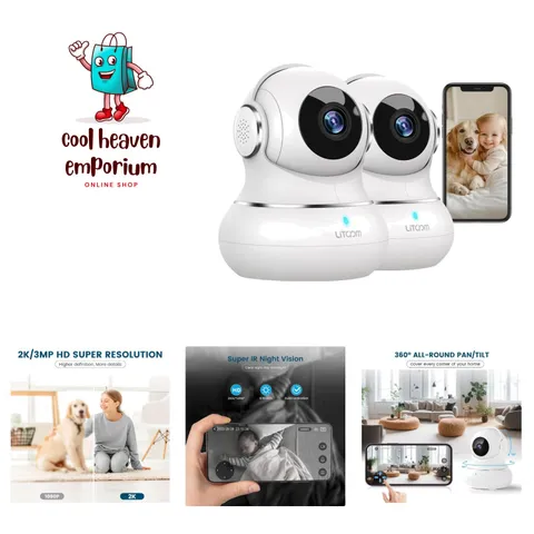 2 Pack 360° Indoor Security Cameras, 2K WiFi with Night Vision & Two-Way Audio