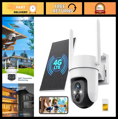 Wireless 4G LTE Solar Security Camera - No WiFi, 360° PTZ, 2K Night Vision, SIM