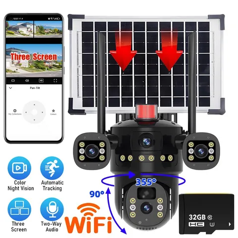 WiFi 3-Screen Dual Lens Solar Security Camera 6MP PTZ CCTV Motion Detection+32GB