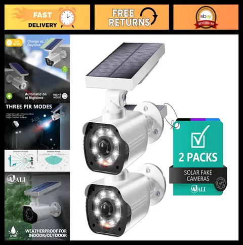 Solar Powered Fake Security Camera with Motion Sensor & Floodlight - 2 Pack, Whi