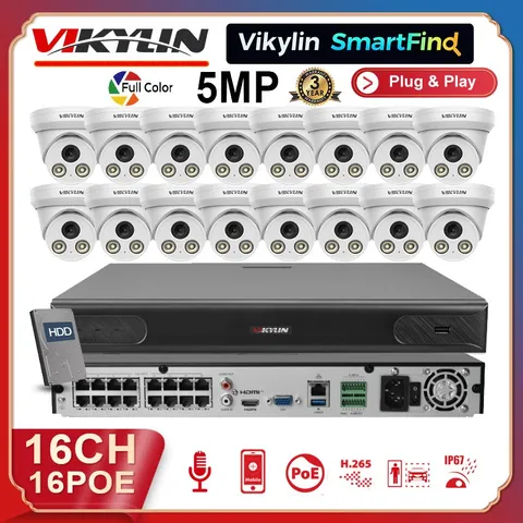 Vikylin SmartFind 16CH 16 POE NVR CCTV System 5MP IP Camera Full Color Audio Lot