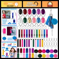 60 Pcs Personal Alarm Keychain Set - Emergency Whistles, Lipstick Holders, Pom P