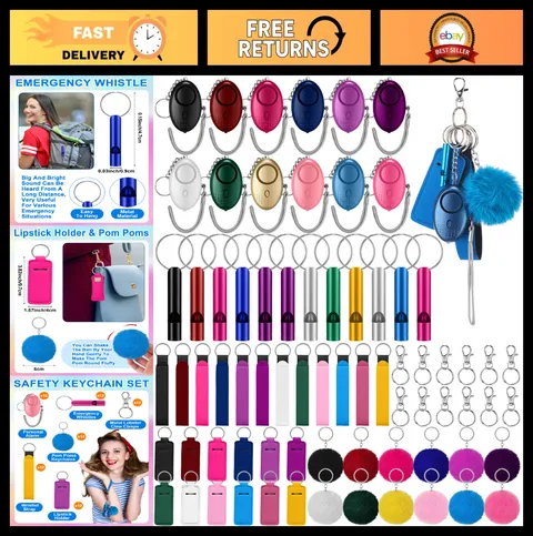 60 Pcs Personal Alarm Keychain Set - Emergency Whistles, Lipstick Holders, Pom P