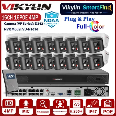 Vikylin SmartFind 16CH 16POE NVR 4MP Dual Lens Dual Light CCTV Camera System Lot