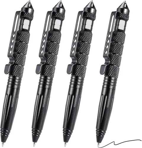 4 Pieces Tactical Pen Aluminum Self Defense Tungsten Glass Breaker Writing Black