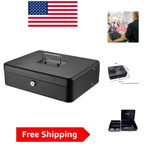 Portable Black Money Saving Box with Cash Tray & Key Lock, 0.21 Cubic Feet