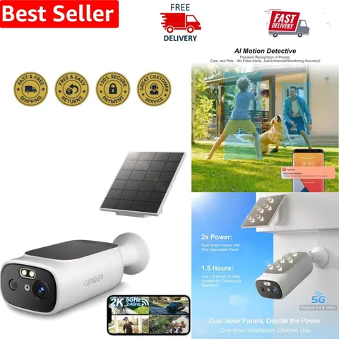 2K Solar Outdoor Security Camera with AI Motion Detection & Color Night Vision