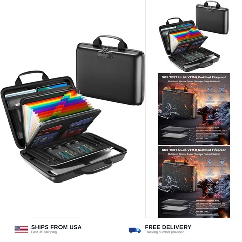 Fireproof Document Box, Hard Case Fireproof File Organizer with Lock and 13 P...