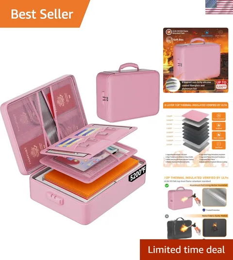 5200°F Fireproof Document Organizer Box with Lock - Pink, Portable Protection