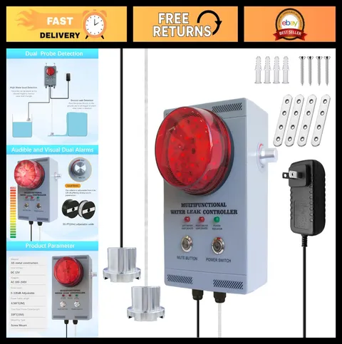Water Leak Alarm Detector with Dual Probes, 120dB Sound, 33FT Cable, Industrial